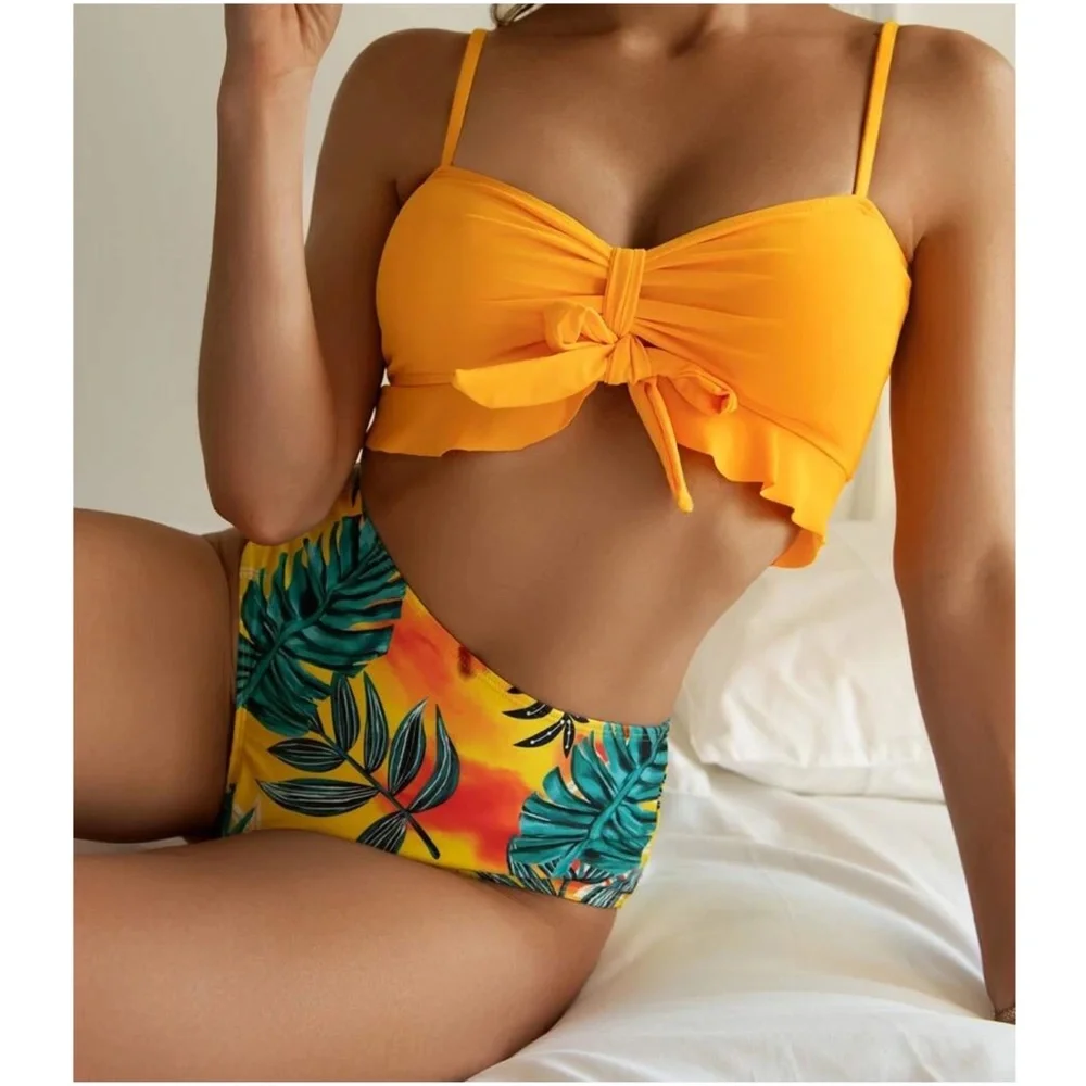 Boho Tropical Floral Print High Waist Bikini Cover up set - Picture 6 of 12